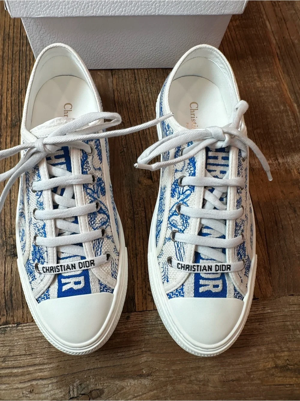 Dior White Canvas Low-Top Sneakers with Blue Toile Print